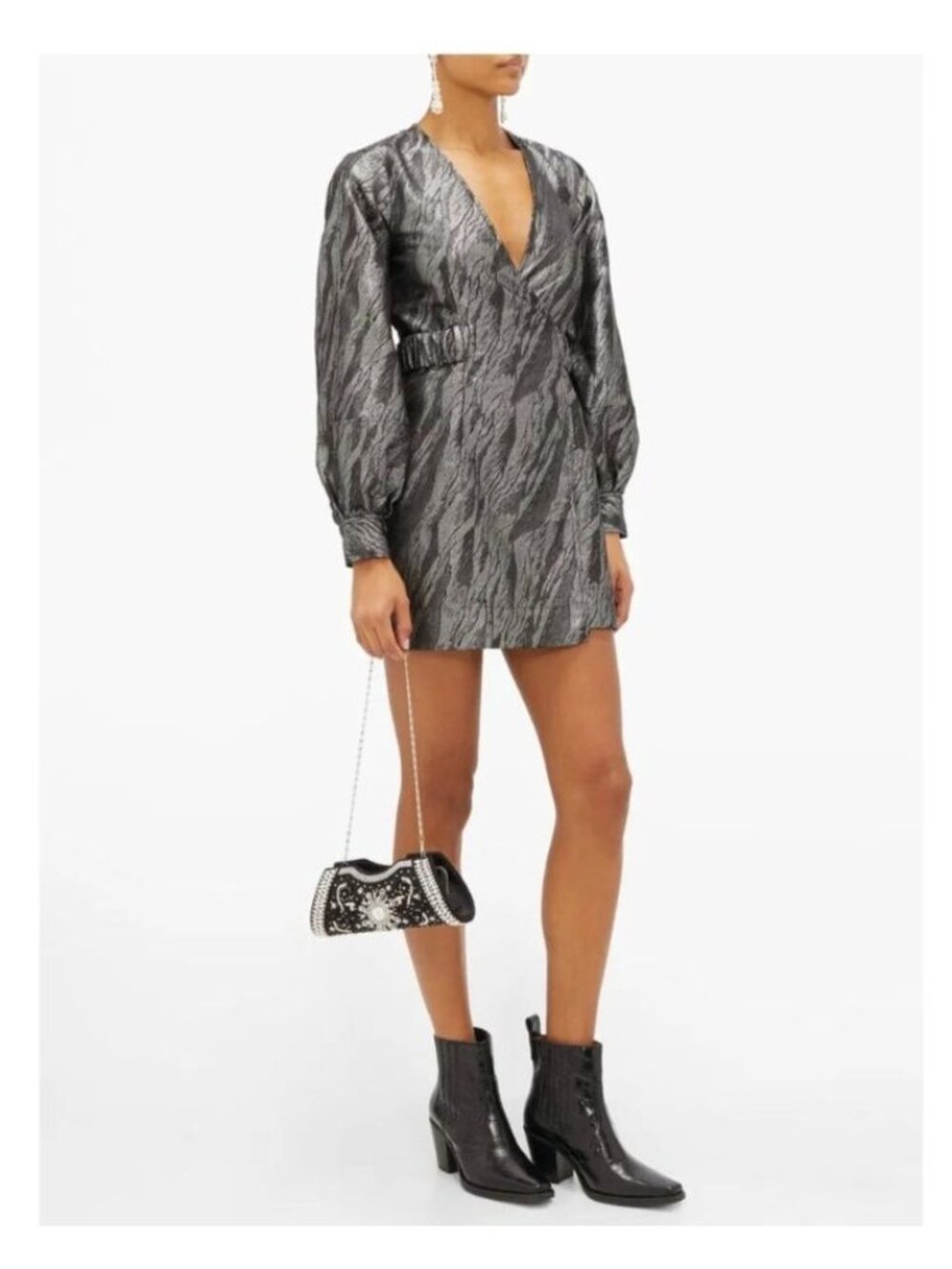 Ganni XS Metallic Jacquard Wrap Dress Balloon Sleeves Black Iridescent Designer